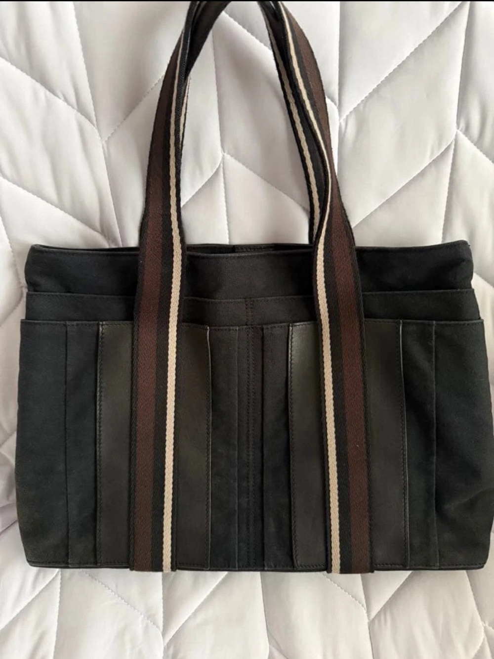 Hermes Black Canvas Messenger Bag with Brown Striped Handles